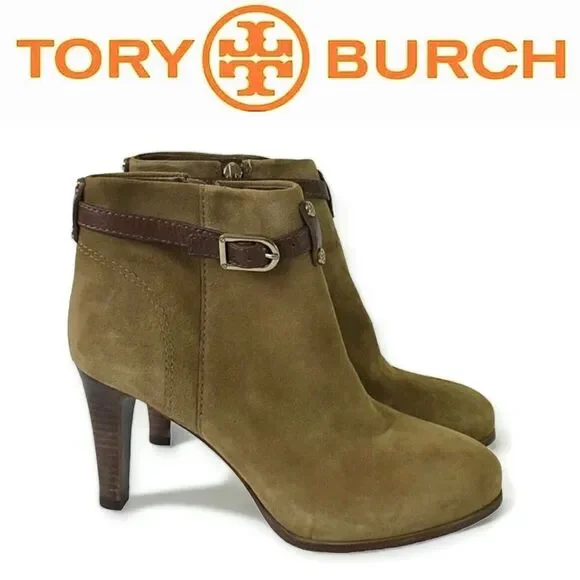 Tory Burch Patricia Mid Heel Suede Zip Up Almond Toe Bootie Ankle Boots Size 6 - Picture 1 of 16